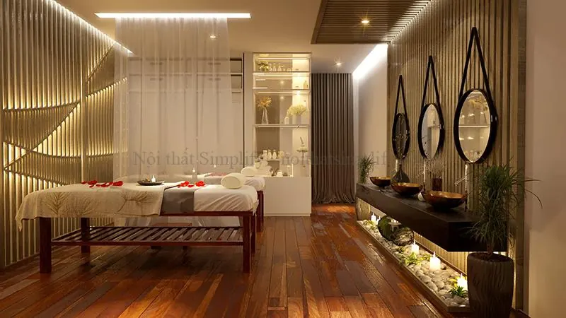 Phòng spa được ngăn cách bằng rèm để tạo nên không gian kín đáo